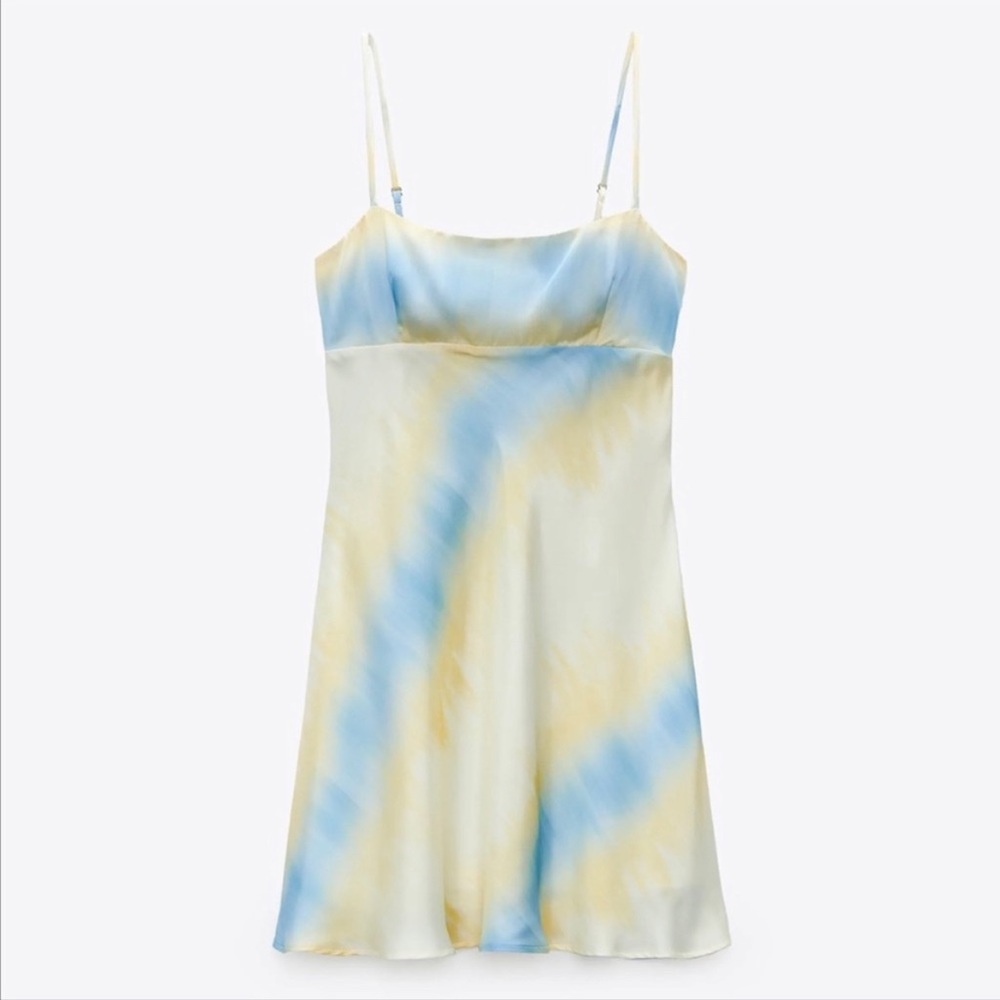 Zara blue and yellow mini satin slip dress
